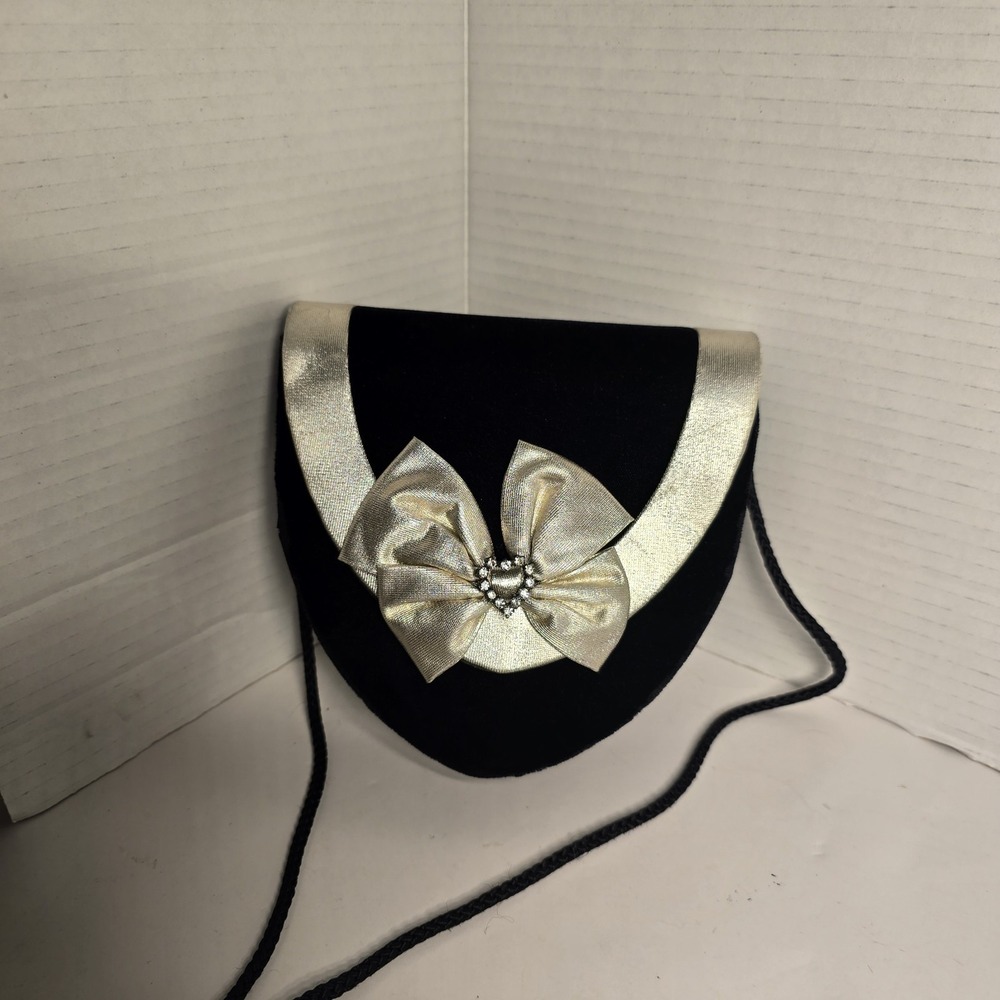 Black Velvet Evening Bag Gold Bow Rhinestone Accent Clutch